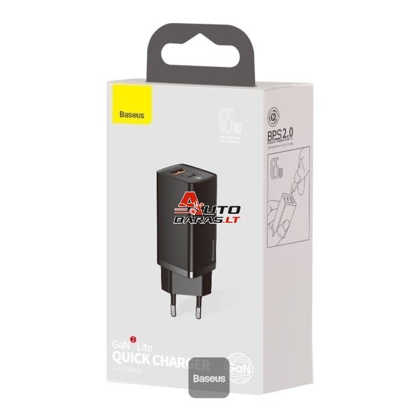 Sieninis įkroviklis Baseus GaN2 Lite CCGAN2L-B01 (Juodas, 65 W, USB-C + USB, QC4+, PD3.0)