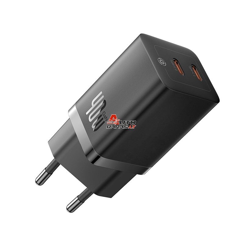 Sieninis įkroviklis BASEUS CCGP180101 (GaN5 Pro, 40W, 2xUSB-C, QC3.0, PD3.0, juodas)