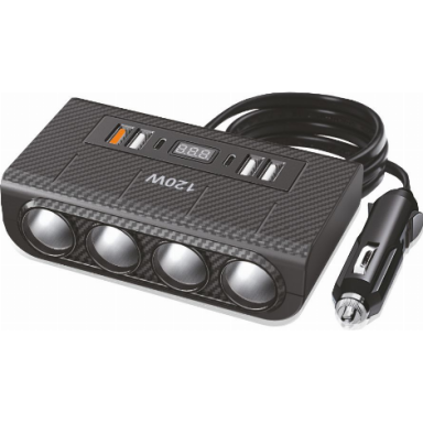 SKIRSTYTUVAS 4 LIZDŲ, 4 USB, 2 TYPE-C JUNGTYS SU VOLTMETRU 12/24V SKIRSTYTUVAS 4 LIZDŲ, 4 USB, 2 TYPE-C JUNGTYS SU VOLTMETRU 12/24V