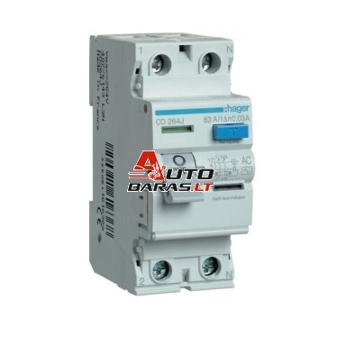 Srovės nuotekio relė Hager CD263J (AC, 63A, 2P, 30mA, 230V) Srovės nuotekio relė Hager CD263J (AC, 63A, 2P, 30mA, 230V)
