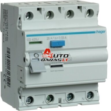 Srovės nuotėkio relė Hager CD425J (A, 25A, 4P, 30mA, 230V)