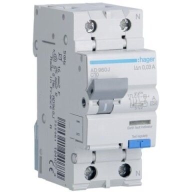 Srovės nuotėkio relė su automatiniu jungikliu Hager AD960J (2P, 10A, A tipo, 30mA, 230V) Srovės nuotėkio relė su automatiniu jungikliu Hager AD960J (2P, 10A, A tipo, 30mA, 230V)
