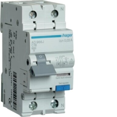 Srovės nuotėkio relė su automatiniu jungikliu Hager AD966J (2P, 16A, C, AC tipo, 1P+N, 6kA) Srovės nuotėkio relė su automatiniu jungikliu Hager AD966J (2P, 16A, C, AC tipo, 1P+N, 6kA)