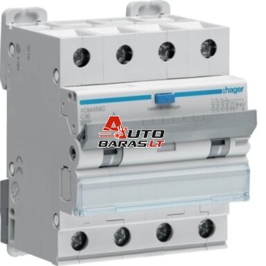 Srovės nuotėkio relė su automatiniu jungikliu Hager ADM466C (4P, 16A, C, A tipo, 30mA, 6kA) Srovės nuotėkio relė su automatiniu jungikliu Hager ADM466C (4P, 16A, C, A tipo, 30mA, 6kA)