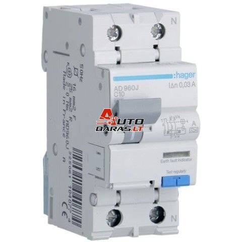 Srovės nuotėkio relė su automatiniu jungikliu Hager AD960J (2P, 10A, A tipo, 30mA, 230V)