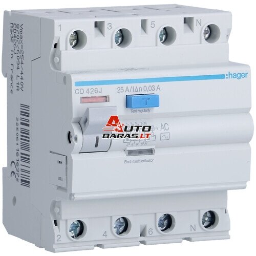 Srovės nuotekio relė Hager CD426J (AC, 25A, 4P, 30mA, 230V)