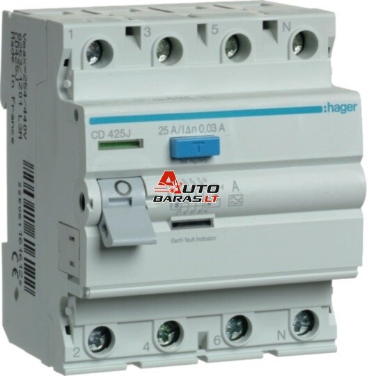 Srovės nuotėkio relė Hager CD425J (A, 25A, 4P, 30mA, 230V)