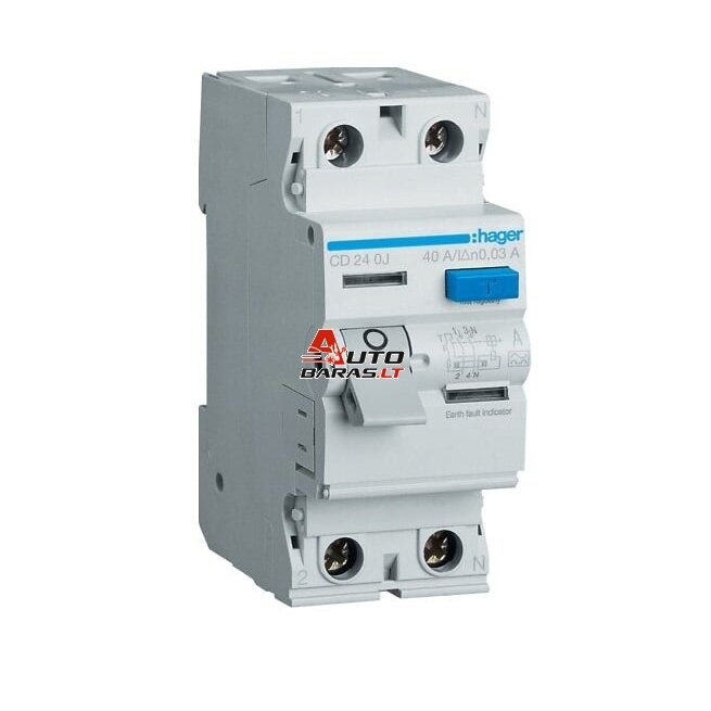 Srovės nuotekio relė Hager CD240J (A, 40A, 2P, 30mA, 230V)