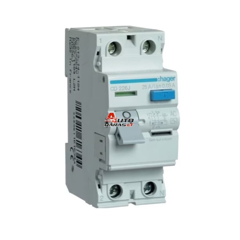 Srovės nuotekio relė Hager CD226J (AC, 25A, 2P, 30mA, 230V)