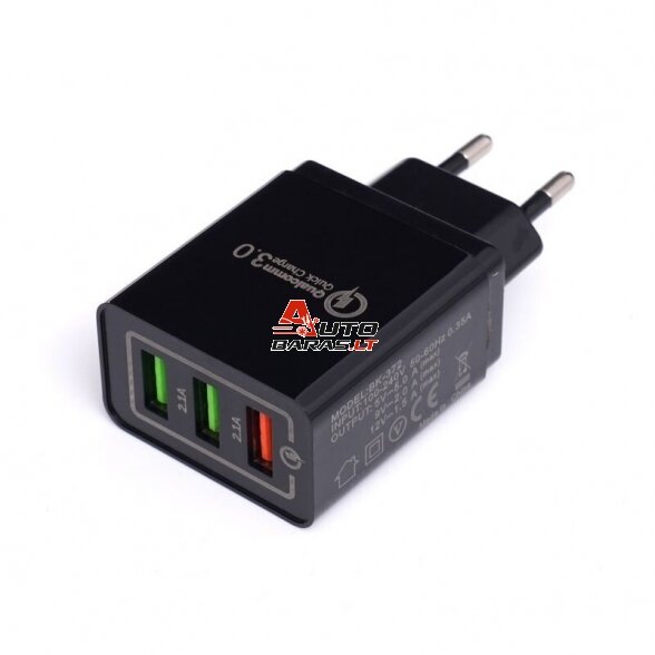 KRAFTDELE USB Įkroviklis su greitu įkrovimu 220V, 2x2.1A 1xQC3.0 2