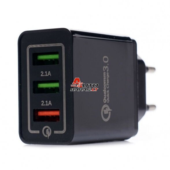 KRAFTDELE USB Įkroviklis su greitu įkrovimu 220V, 2x2.1A 1xQC3.0