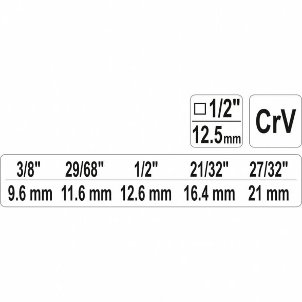 YATO RAKTAS PAKOPINIS TERKŠLEI SU KIAURYME 1/2" (3/8", 29/68", 1/2", 21/32", 27/32") 1